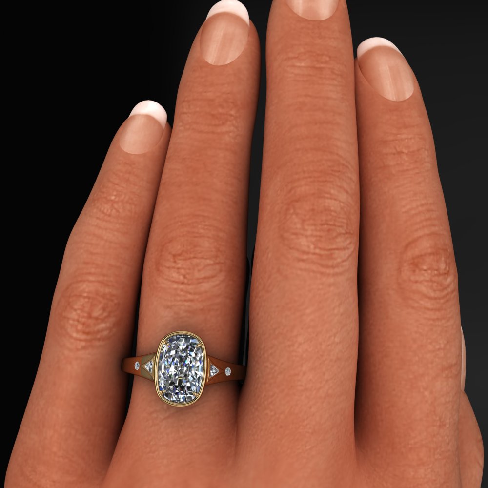 Taylor Swift inspired vintage engagement ring with a 3 carat antique cushion lab created diamond, bezel set with petite claw prongs, Travis Kelce ring, Taylor Swift ring 2025 - model shot