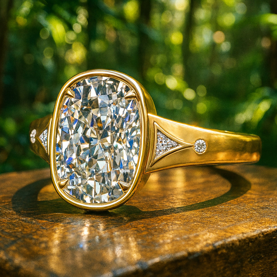 Taylor Swift inspired vintage engagement ring with a 3 carat antique cushion lab created diamond, bezel set with petite claw prongs, Travis Kelce ring, Taylor Swift ring 2025 - laying on a wooden table