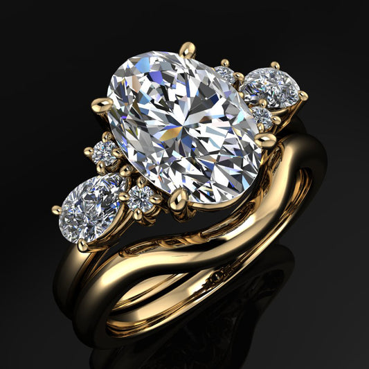 solid gold contoured wedding band next to the matching oval engagement ring - scarlett wedding band