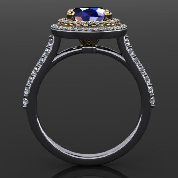 2.5 carat oval blue moissanite ring with a double halo with diamonds - profile view