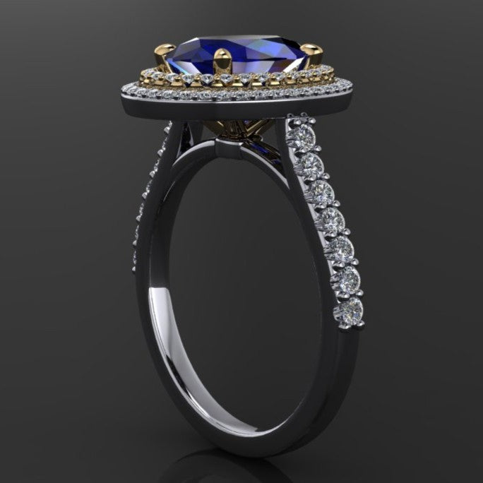 2.5 carat oval blue moissanite ring with a double halo with diamonds - second side view