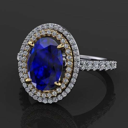 2.5 carat oval blue moissanite ring with a double halo with diamonds