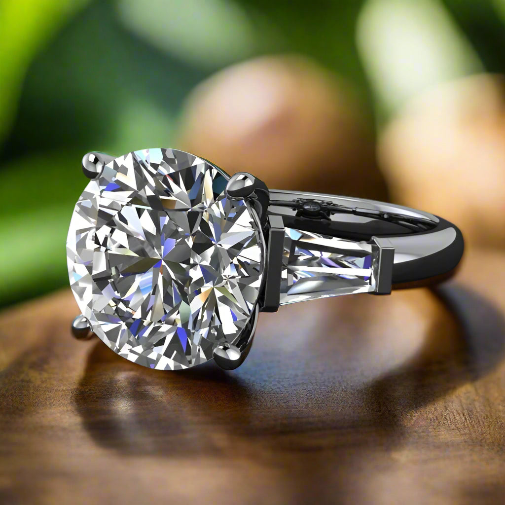 carat round lab created diamond engagement ring with tapered baguettes past present future, stone ring laurel ring