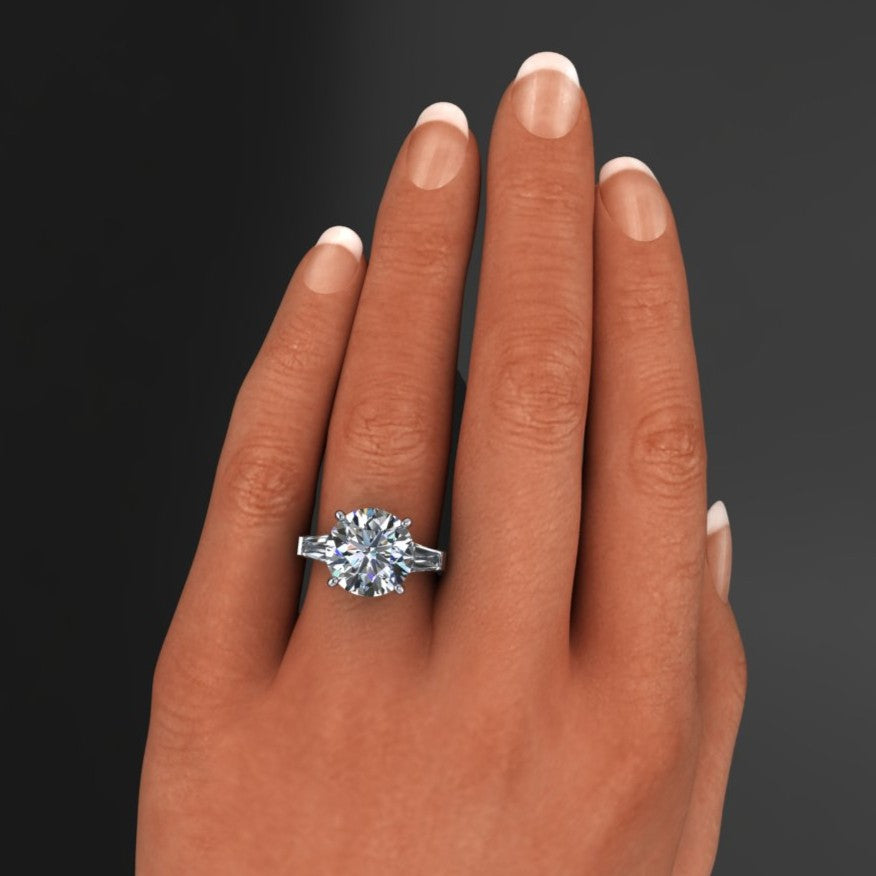 5 carat round lab create diamond three stone ring - laurel - hand model