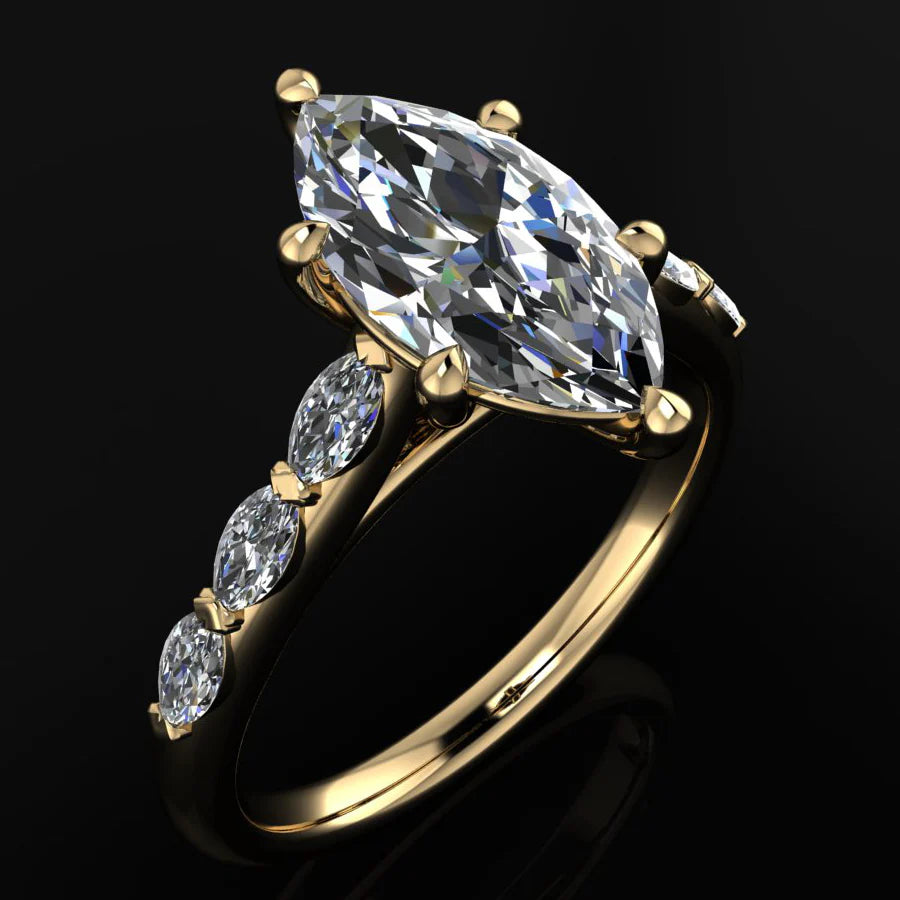 2 carat marquise engagement ring with marquise side stones and a vintage inspired wedding band - side view