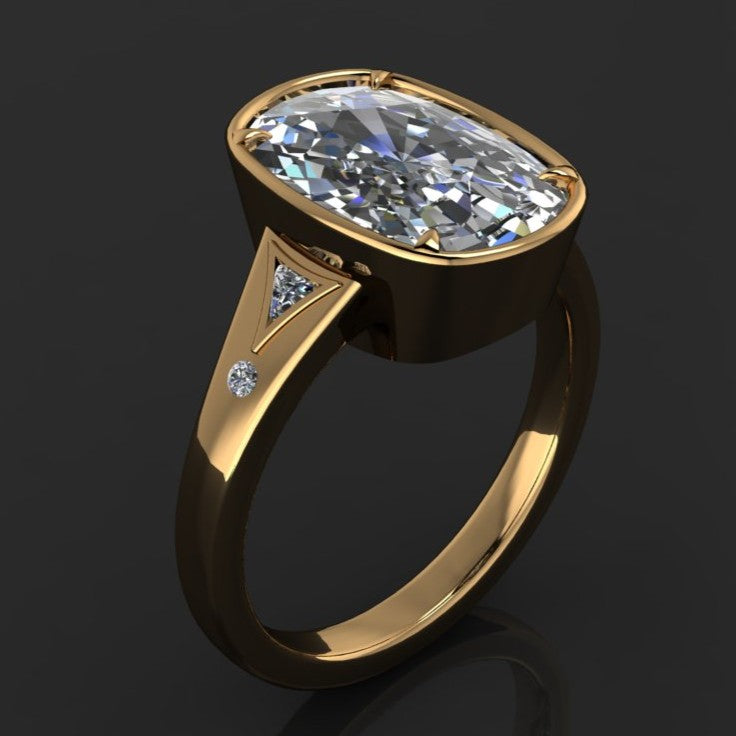 Taylor Swift inspired vintage engagement ring with a 6 carat antique cushion lab diamond, bezel set with petite claw prongs, Travis Kelce ring, Taylor Swift ring 2025 - right angle view