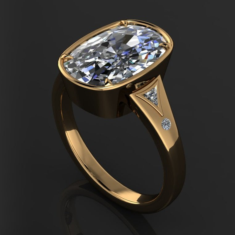 Taylor Swift inspired vintage engagement ring with a 6 carat antique cushion lab diamond, bezel set with petite claw prongs, Travis Kelce ring, Taylor Swift ring 2025 - angle view