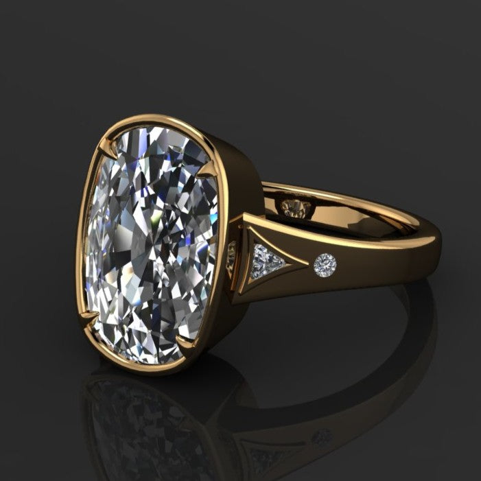 Taylor Swift inspired vintage engagement ring with a 6 carat antique cushion lab diamond, bezel set with petite claw prongs, Travis Kelce ring, Taylor Swift ring 2025 - laying down view