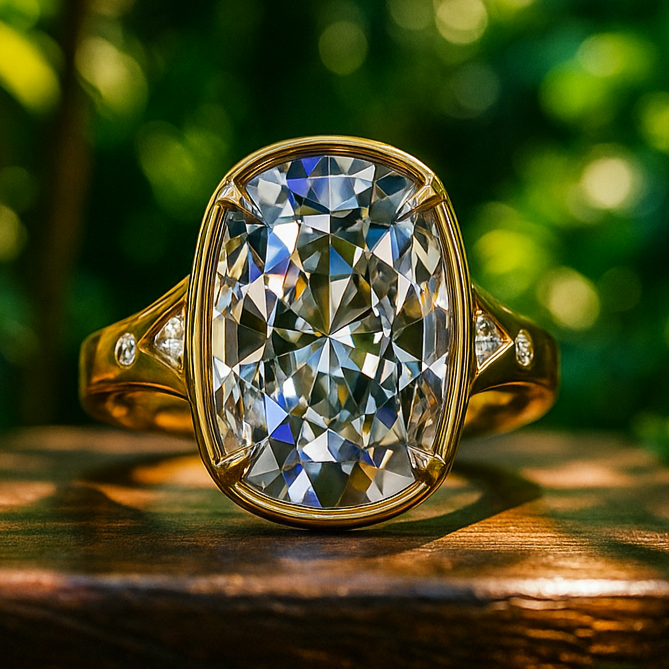 Taylor Swift inspired vintage engagement ring with a 6 carat cushion lab diamond, bezel set with petite claw prongs, Travis Kelce ring, Taylor Swift ring 2025 - top view