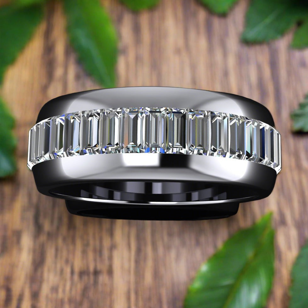 pierre ring emerald cut moissanite mens ring, ctw, wide platinum wedding band
