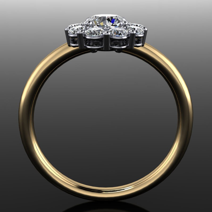 helene ring - cluster style halo moissanite engagement ring - through finger view