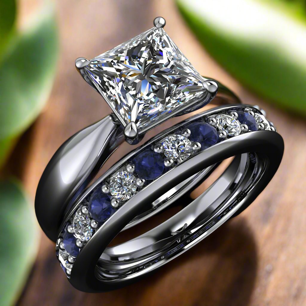 quinn ring – princess cut moissanite engagement ring, sapphire wedding band, bridal engagement ring