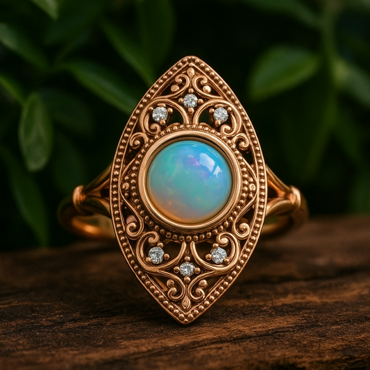 show girl ring - round opalite ring with round diamonds - wooden table view