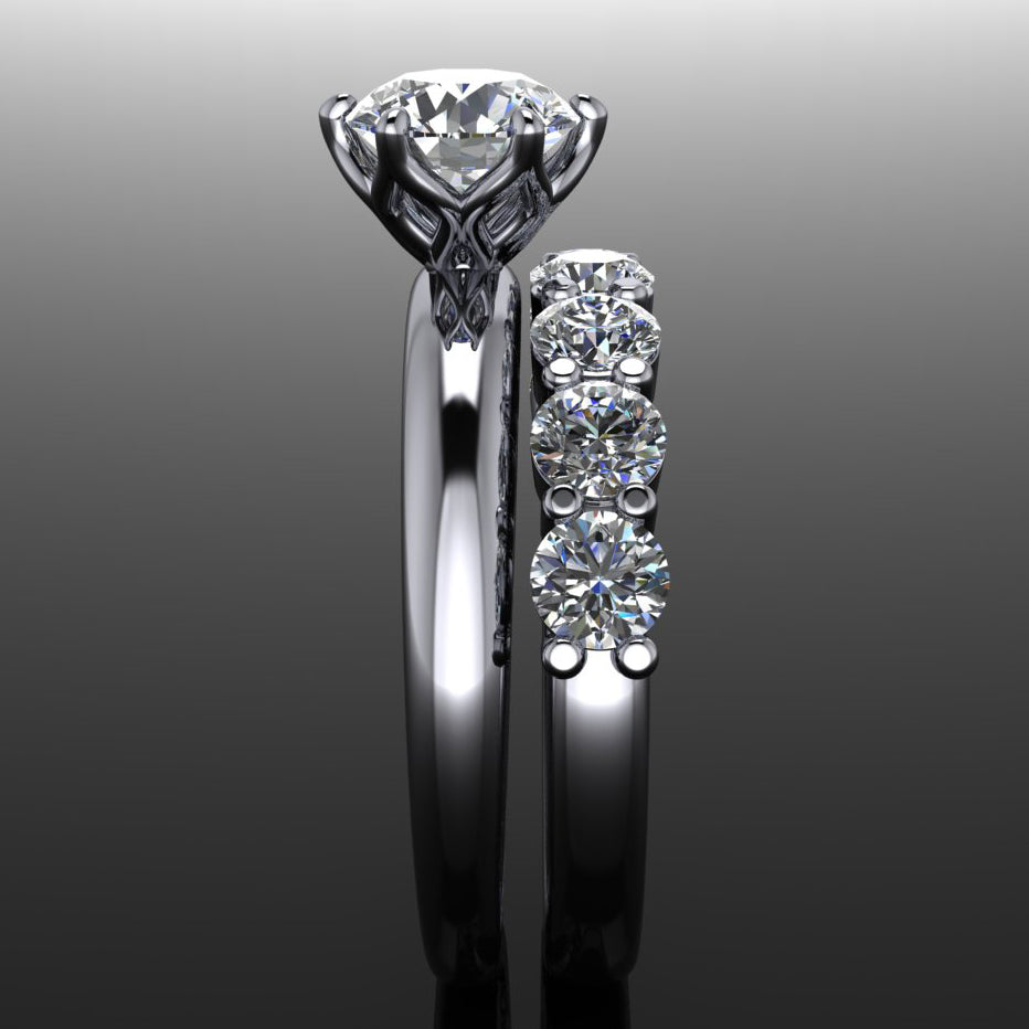 Six prong Phoenix engagement ring set with a round moissanite, paired with a 7 stone Bette anniversary band - side view