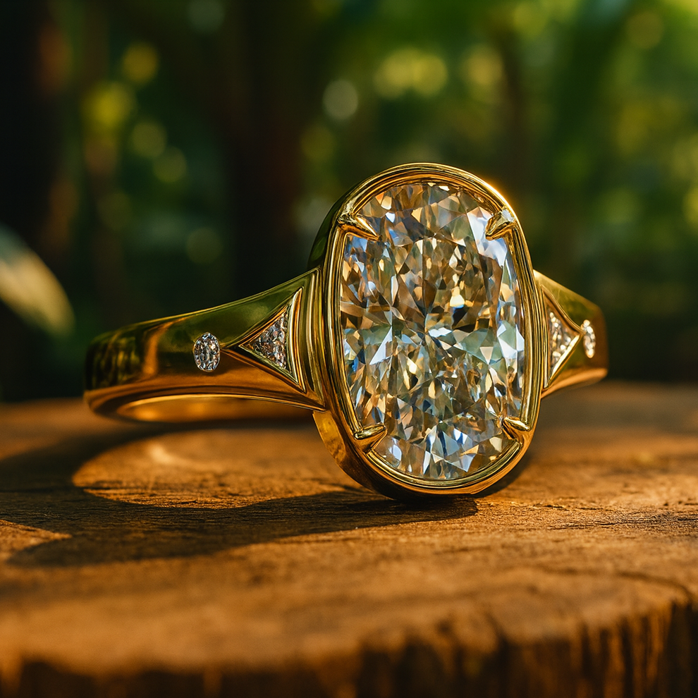 Taylor Swift inspired engagement ring, antique cushion center with side diamonds, laying on a wood slab with dappled greenery in the background.