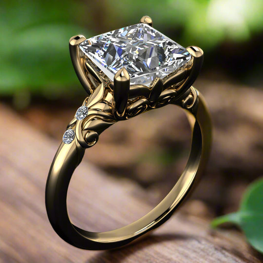 Princess cut gold ring with a large diamond and intricate design on a wood table with leaves in the background.