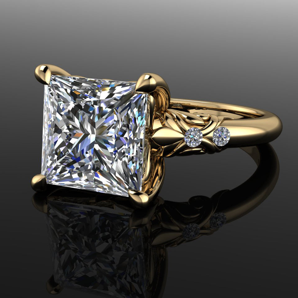 holly ring - 3 carat princess cut moissanite engagement ring, hand engraved band