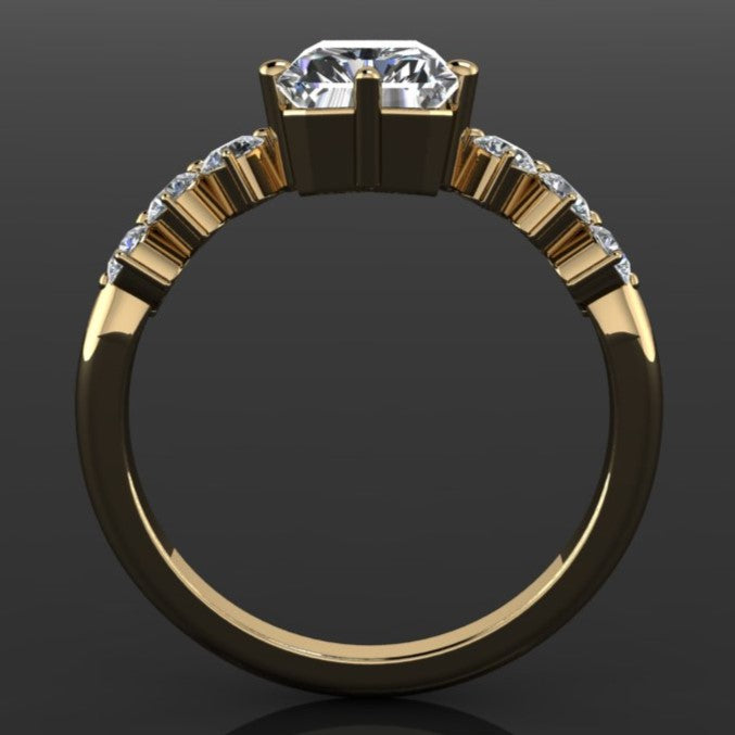 2 carat radiant moissanite center with six nicely sized side stone with prongs set north, south, east, and west - profile view