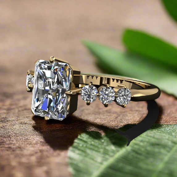 2 carat radiant moissanite center with six nicely sized side stone with prongs set north, south, east, and west.