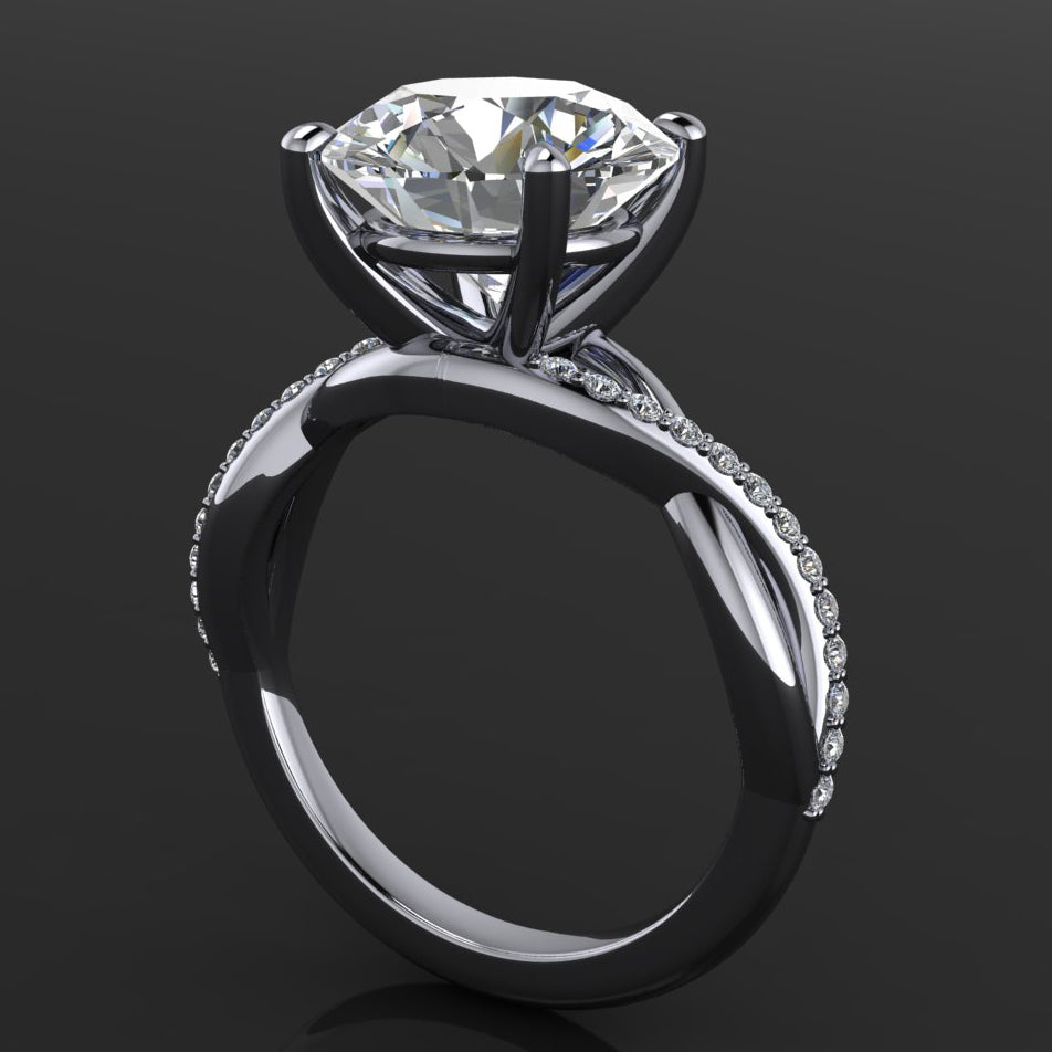 Neri ring - 3 carat round lab grown diamond engagement ring, with a twisted infinity style band, set with small diamonds - side view