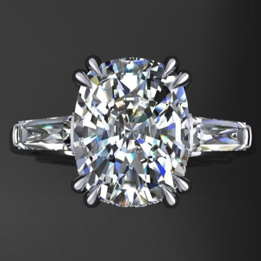 3.5 carat cushion and radiant combination three stone side with a side halo, top view