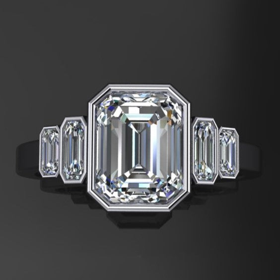 2.5 carat emerald moissanite, 5 stone bezel set ring - top view