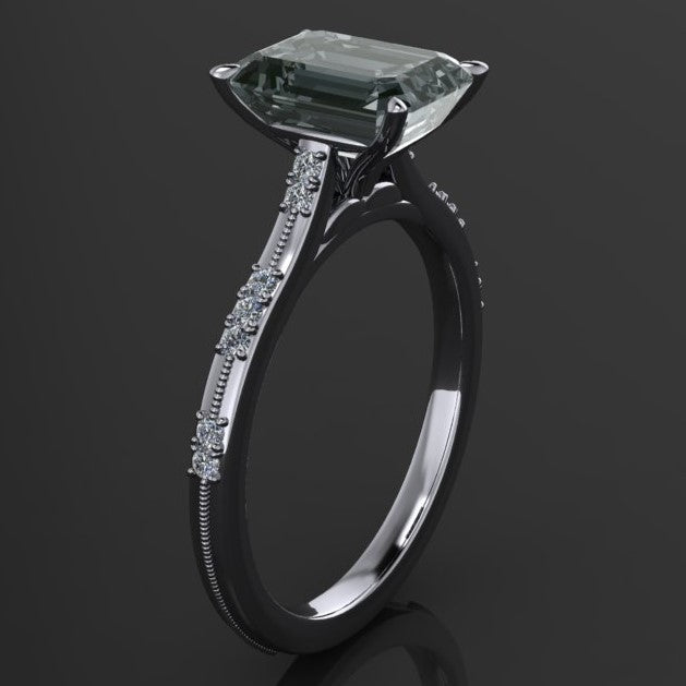 2.5 carat gray criss cut emerald moissanite and diamond ring, alternate side view