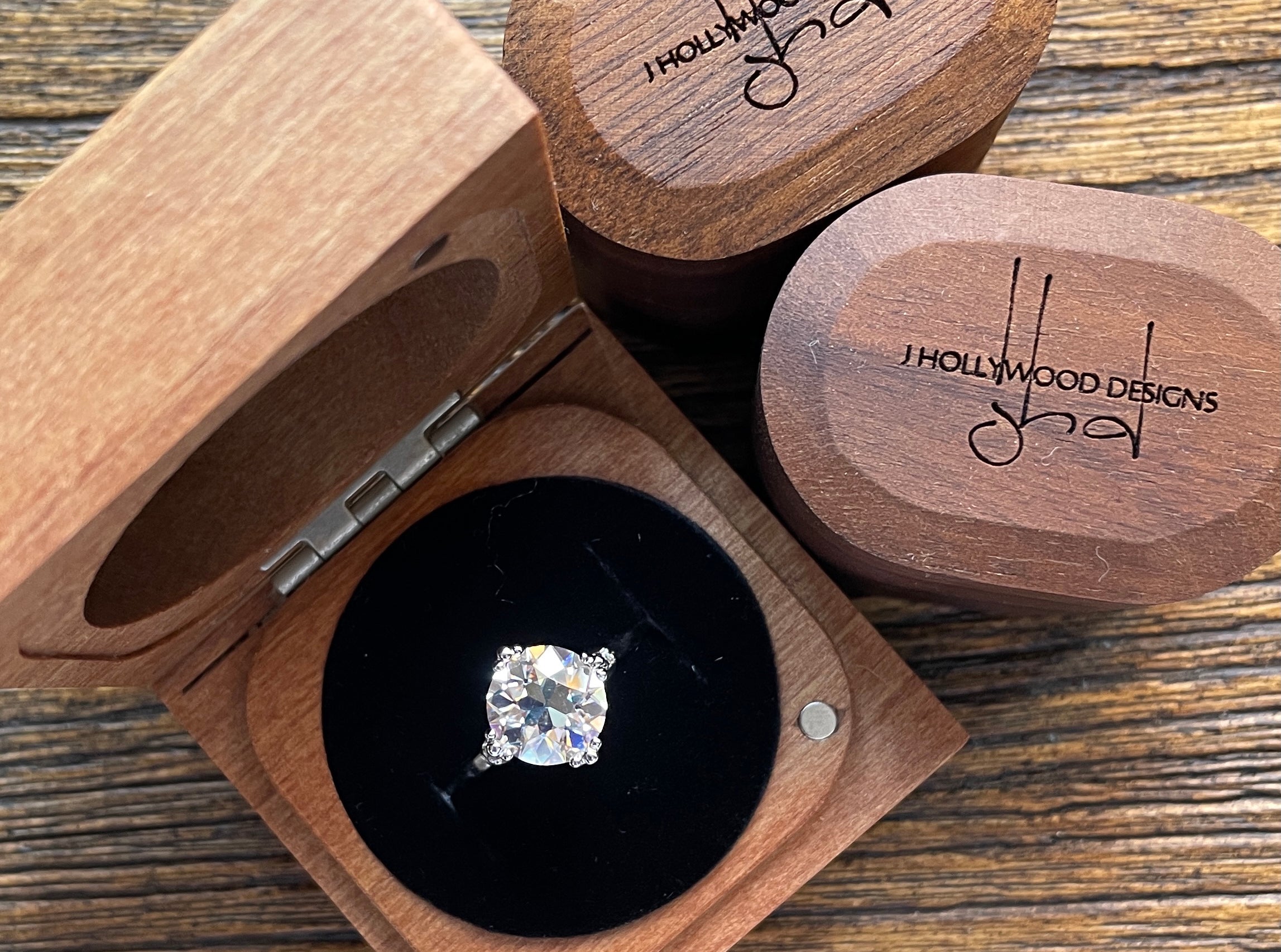 Moissanite engagement ring, wooden ring boxes