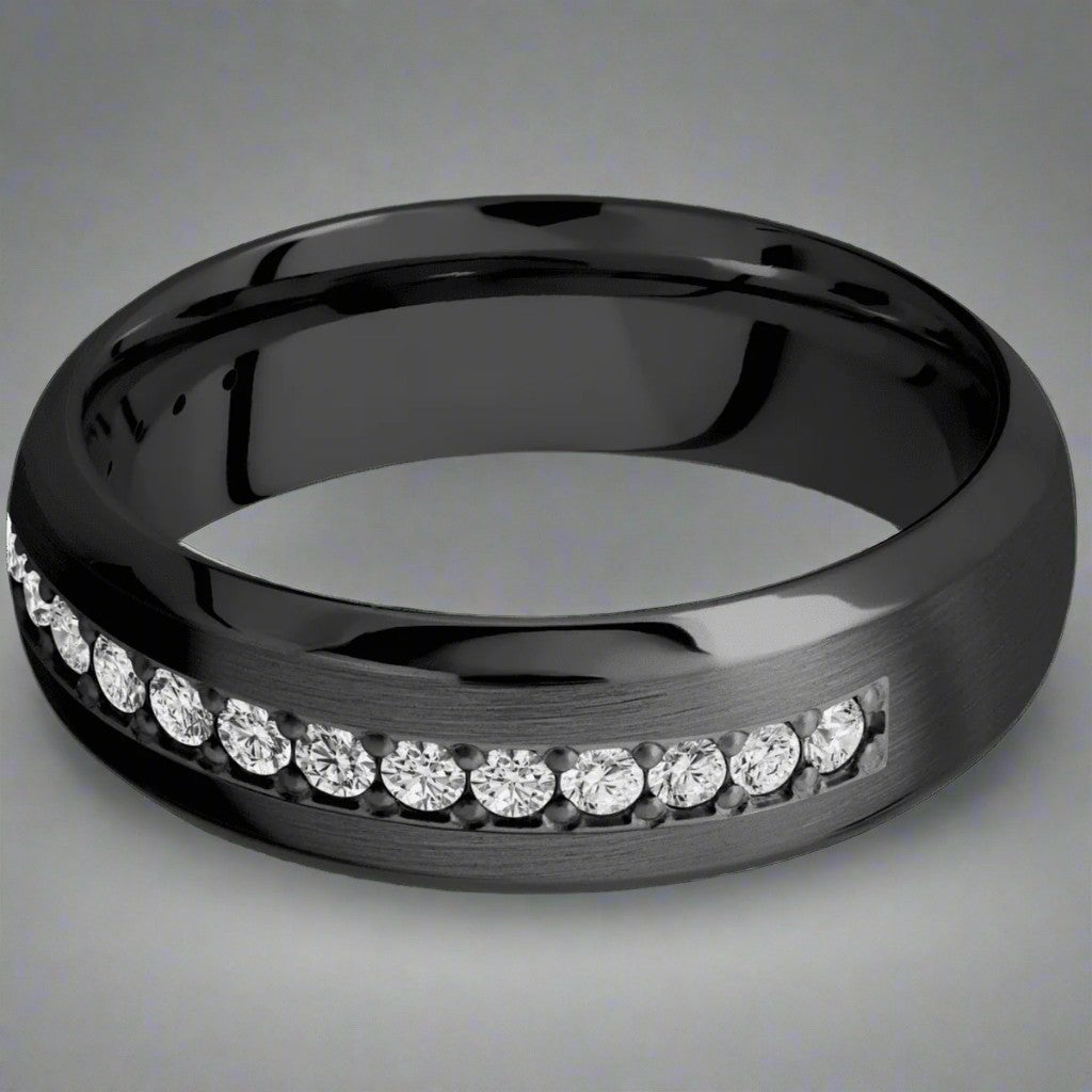 diesel ring - black zirconium and lab created diamond men's band - side view