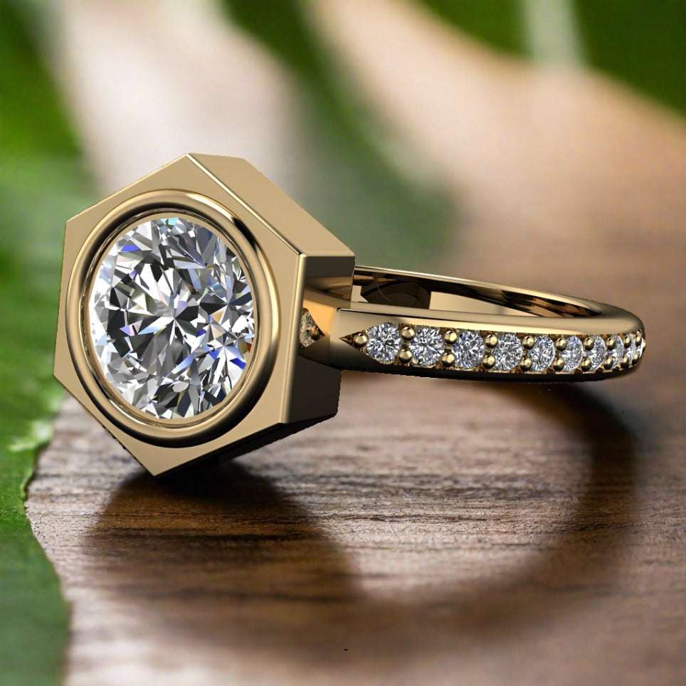 aspen ring carat round moissanite engagement ring, hexagon ring, diamond band