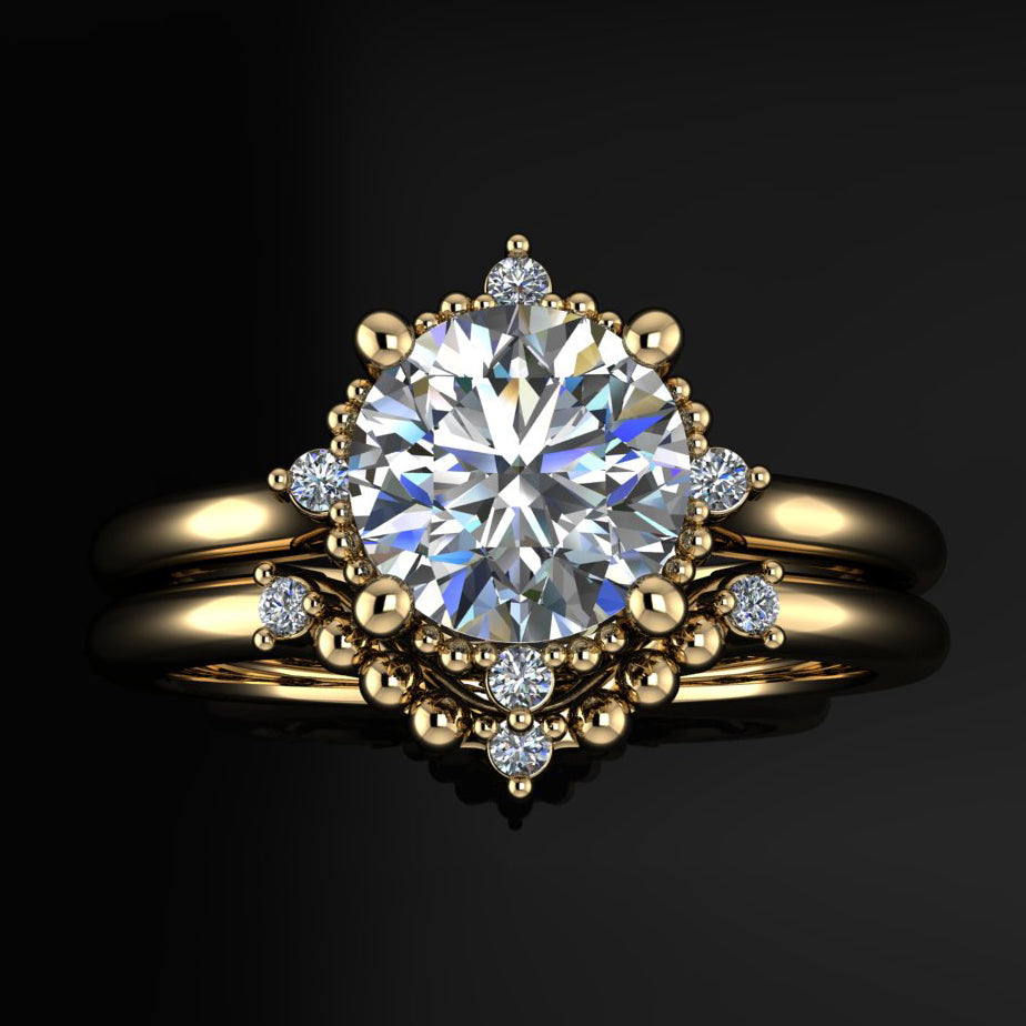 delilah ring - 1 carat moissanite halo engagement ring, diamond halo - with matching wedding band - J Hollywood Designs