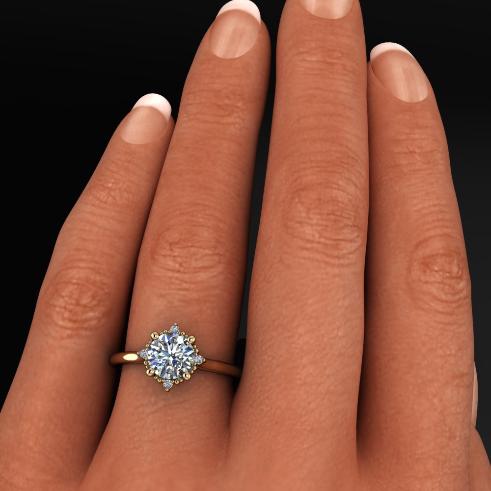 delilah ring - 1 carat moissanite halo engagement ring, diamond halo - on hand model - J Hollywood Designs