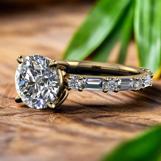 cassandra ring - 1.5 carat round moissanite engagement ring, baguette side stones, d color moissanite - J Hollywood Designs