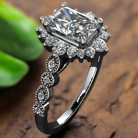 2 carat elongated cushion and radiant cut combo ZAYA moissanite vintage engagement ring - moissanite halo - J Hollywood Designs
