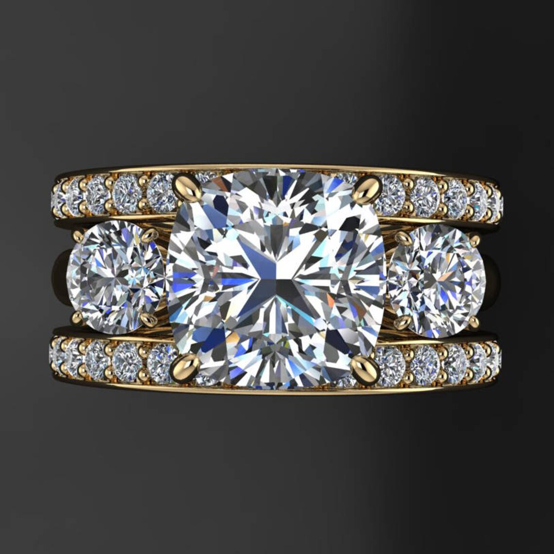 eden ring - 2 carat NEO moissanite engagement ring, 3-stone, with wedding bands - J Hollywood Designs