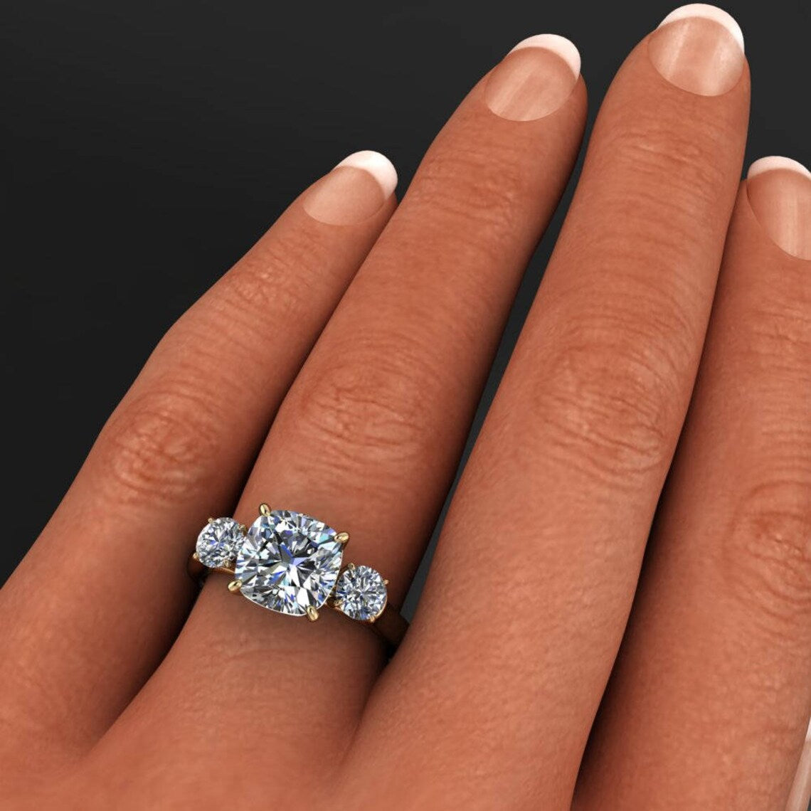 eden ring - 2 carat NEO moissanite engagement ring, 3 stone anniversary band on hand model - J Hollywood Designs