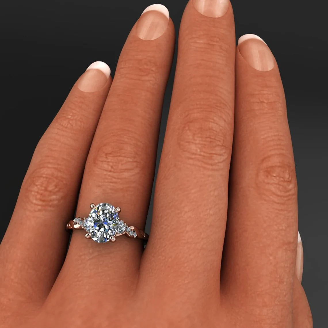 coco ring - 2 carat oval NEO vintage style engagement ring on hand model - J Hollywood Designs