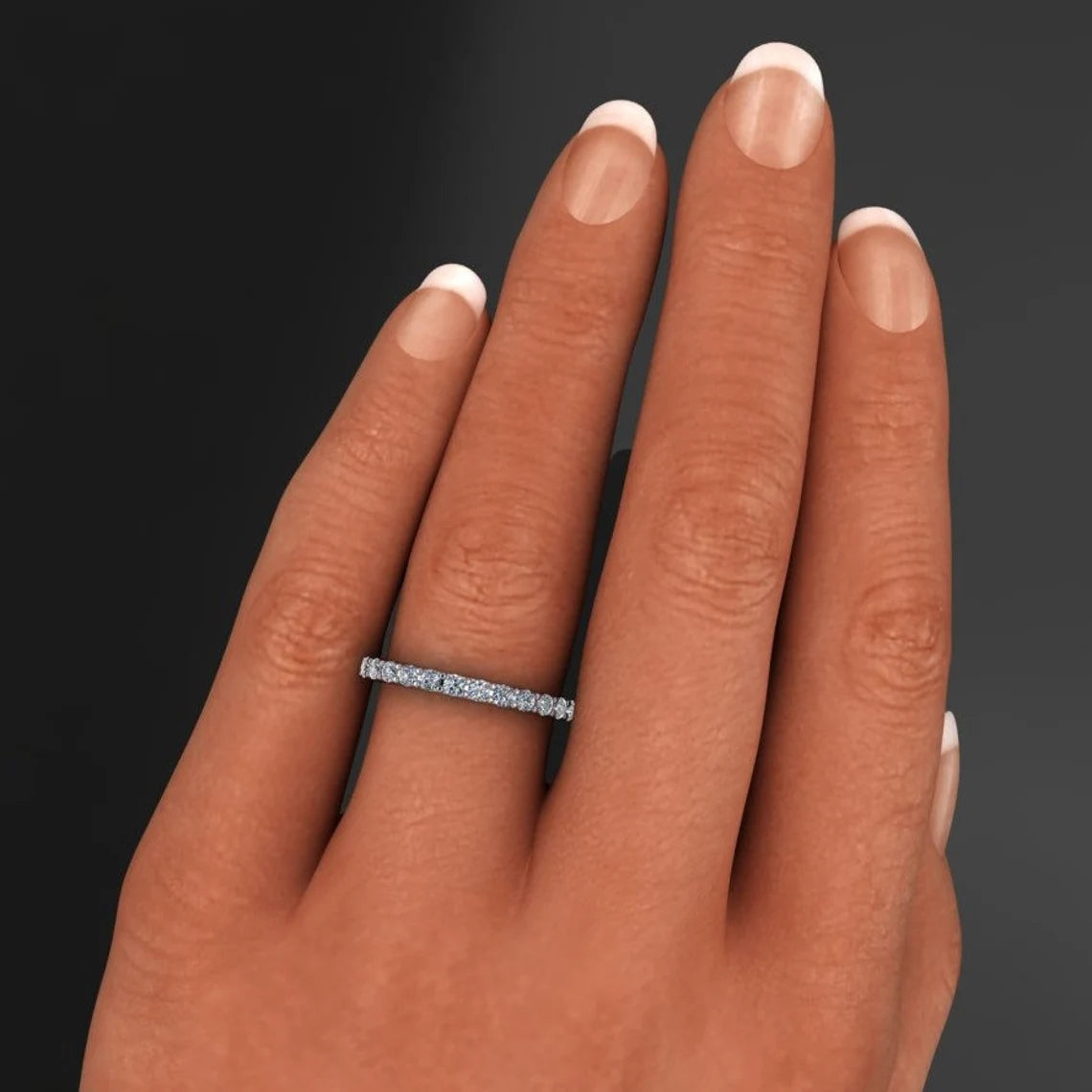 diamond eternity band - sage eternity wedding band on hand model - J Hollywood Designs