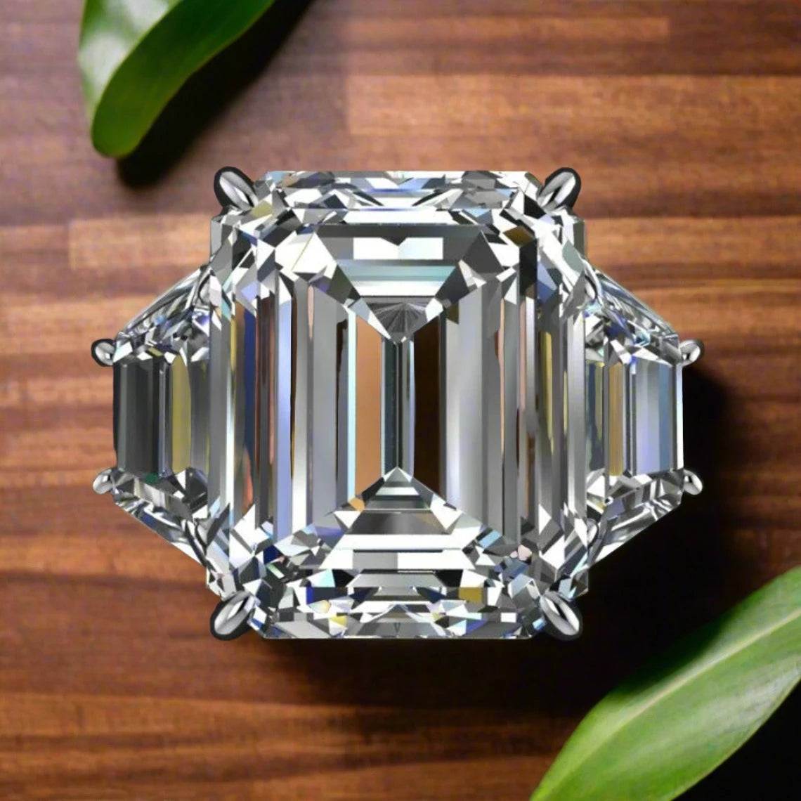 demi ring three stone emerald cut NEO moissanite engagement ring, trapezoid side stones