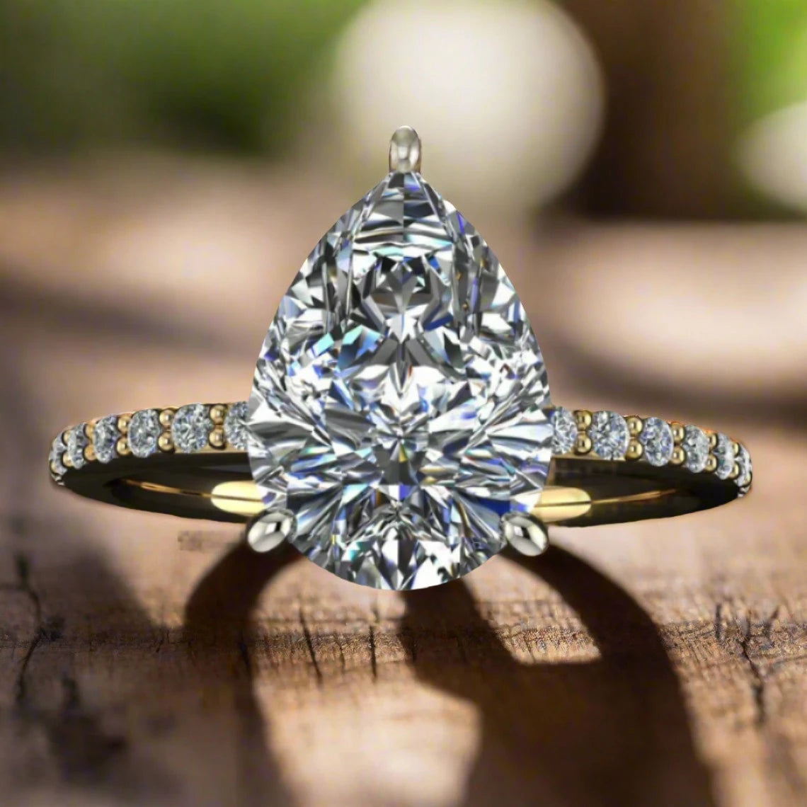 eliza ring - 2 carat pear cut NEO moissanite engagement ring, diamond pave shank - J Hollywood Designs
