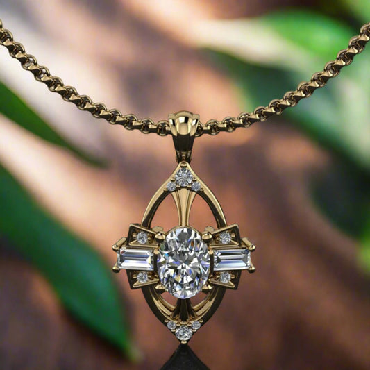 elsa pendant - 1 carat oval moissanite vintage style pendant with diamonds - necklace - J Hollywood Designs