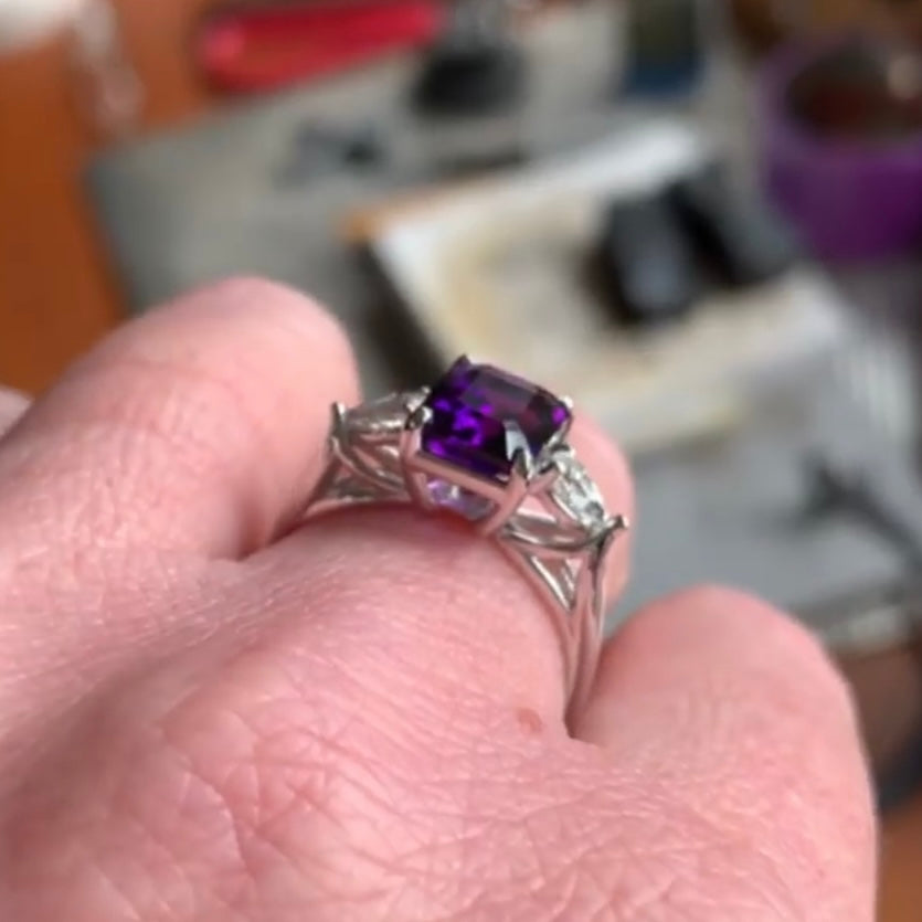 crazy rich asians ring - 2 carat amethyst ring, moissanite side stones - J Hollywood Designs