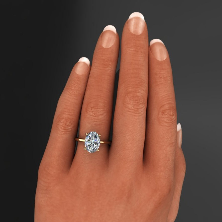 2.5 carat lab grown diamond oval engagement ring with a hidden side halo, hand model