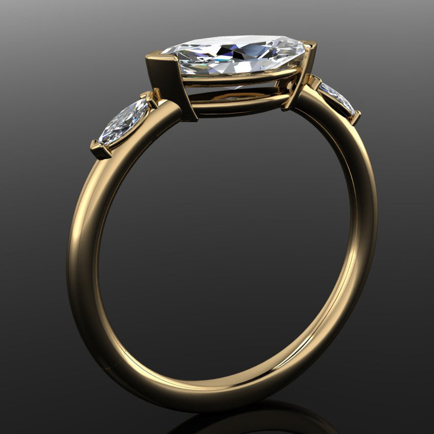 1 carat marquise moissanite engagement ring, east west ring, 3 stone ring