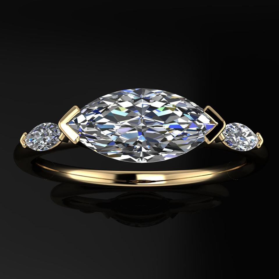 1 carat marquise moissanite engagement ring, east west ring, 3 stone ring