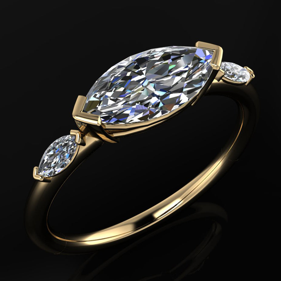 1 carat marquise moissanite engagement ring, east west ring, 3 stone ring