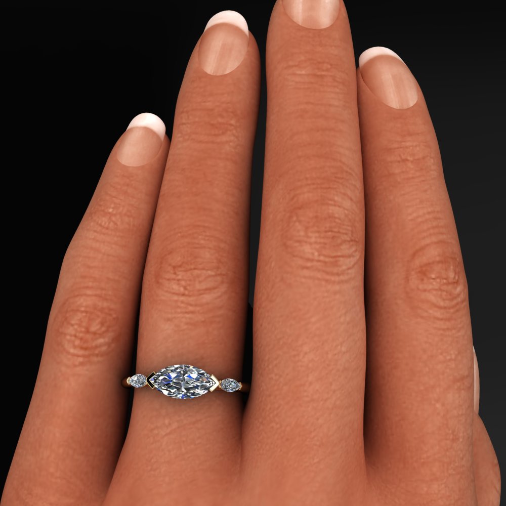 1 carat marquise moissanite engagement ring, east west ring, 3 stone ring