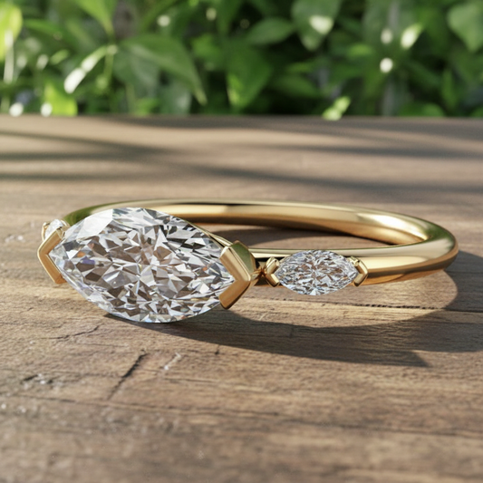 1 carat marquise moissanite engagement ring, east west ring, 3 stone ring