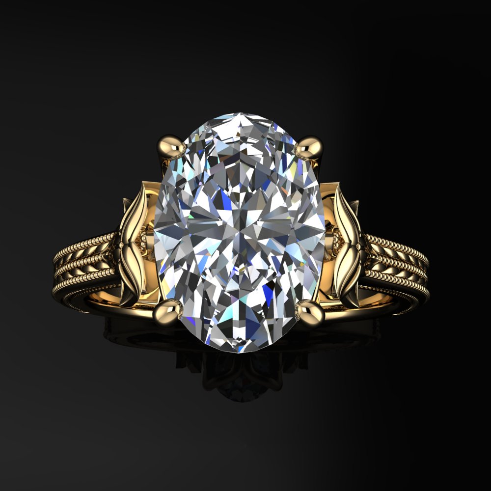 2.5 carat oval lab diamond ring with a tiger lily detail, top view