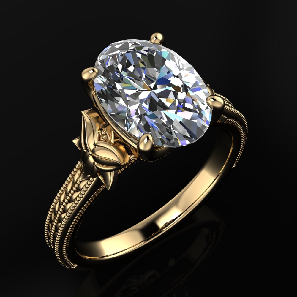 2.5 carat oval lab diamond ring with a tiger lily detail, angle view